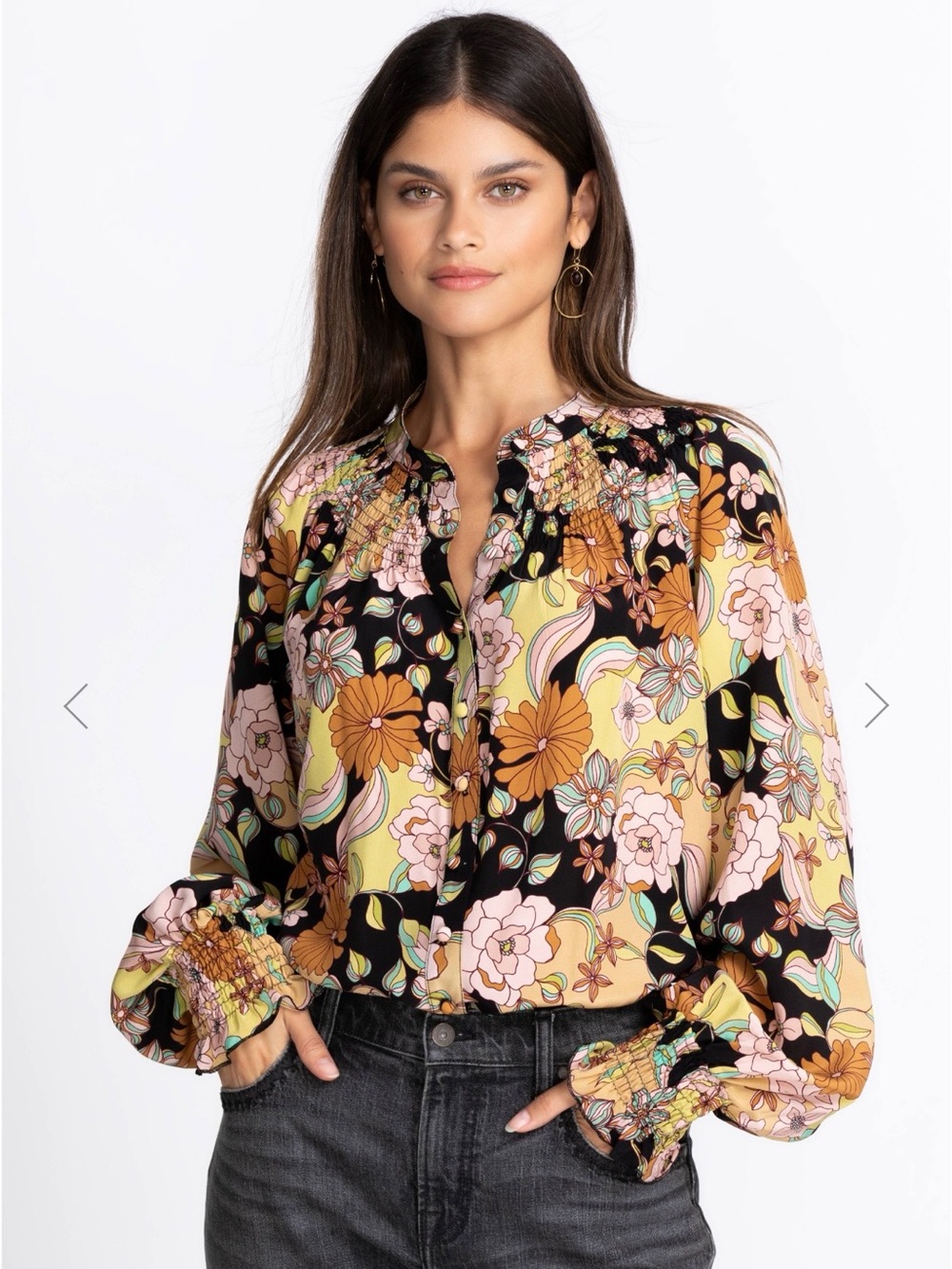 JOHNNY WAS JADE 100% Silk Diana Floral Long Sleeve Blouse Size Small S $295